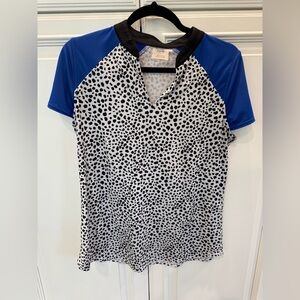 Jofit Black & White Dalmatian Print Short Sleeve Top with Blue Raglan Sleeves
